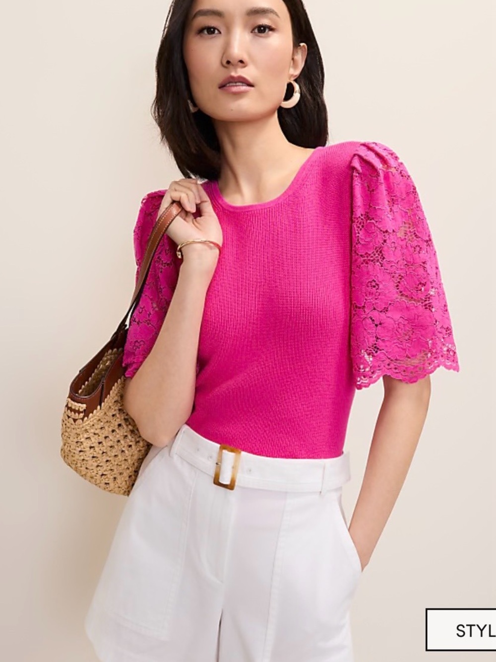 NWT!   Ann Taylor Hot Pink Lace Puff-Sleeve Short Sleeve Knit Top.  XL/16